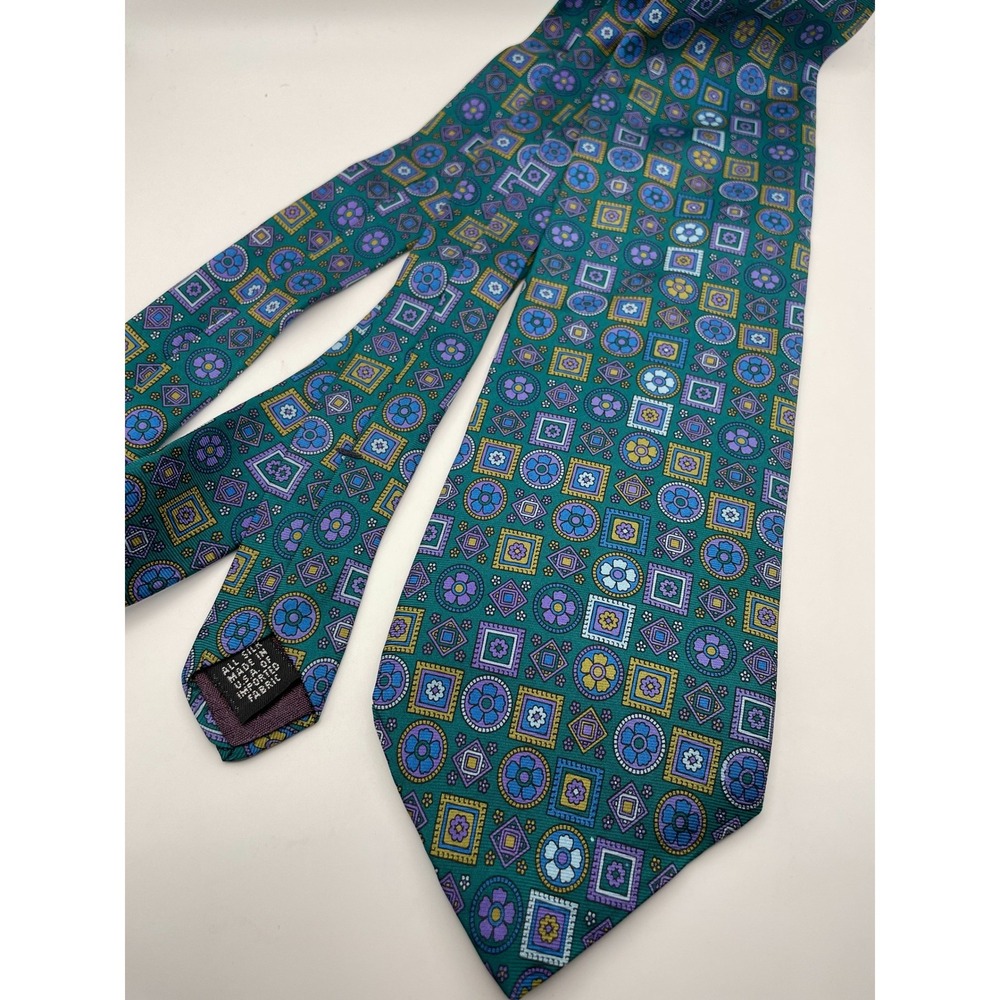 Christian Dior Monsieur Vintage Silk Tie Teal Purple Geometric Medallion USA